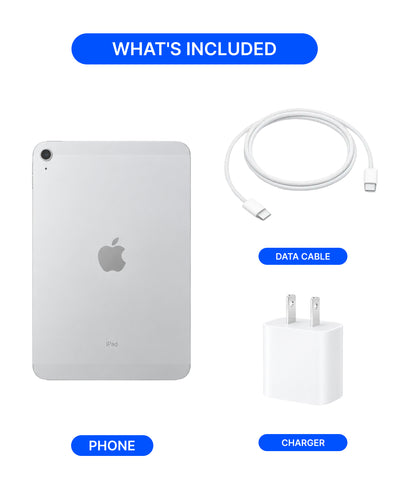 An Apple iPad shown with included accessories on a white background under a blue 'WHAT'S INCLUDED' header. The image includes a silver iPad, a white USB-C data cable labeled 'DATA CABLE,' and a white wall charger labeled 'CHARGER.