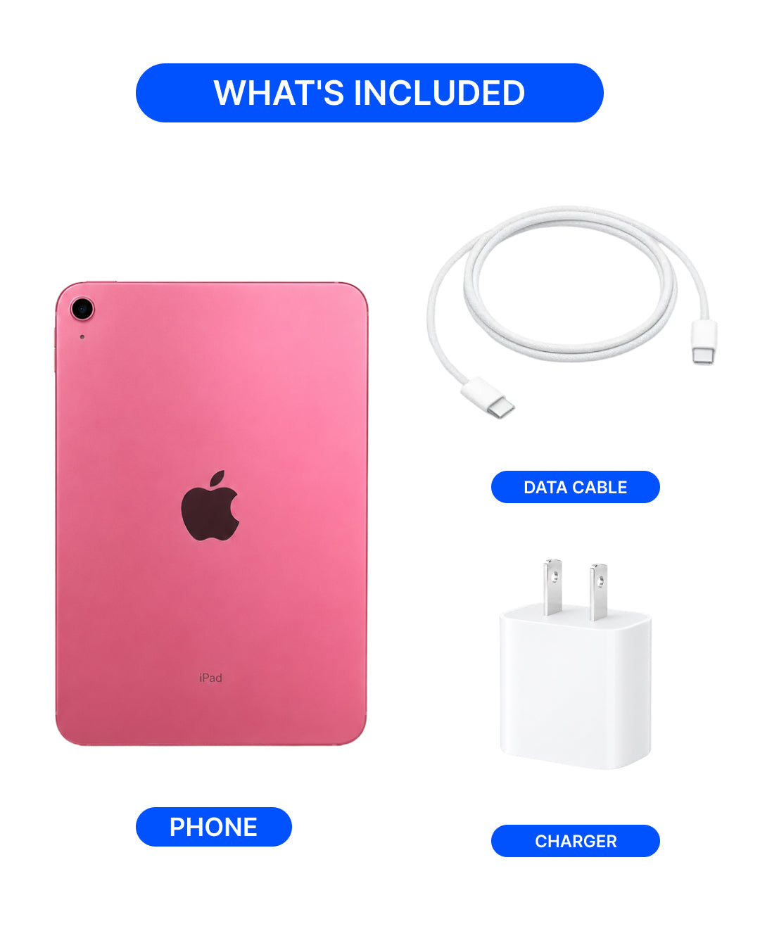 An Apple iPad in pink aluminum shown with included accessories on a white background: a white USB-C to Lightning data cable and a white wall charger. Blue labels identify the items, and the Apple logo is visible on the tablet.