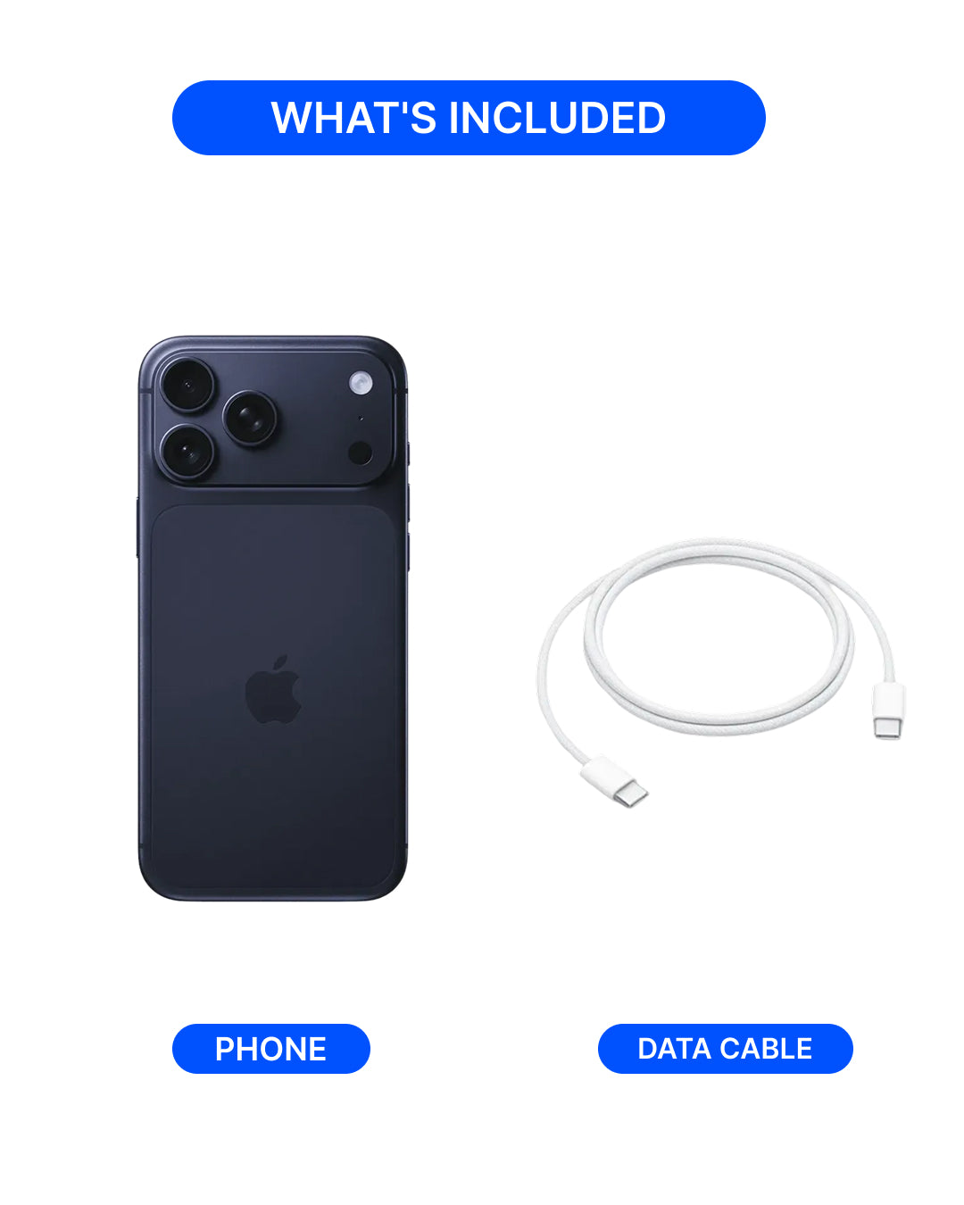 A product listing graphic showing a dark navy smartphone with a built-in magnetic case or back panel, alongside a white USB-C to Lightning data cable. Blue labels identify the phone as PHONE and the cable as DATA CABLE, with a header reading WHAT'S INCLUDED on a white background.
