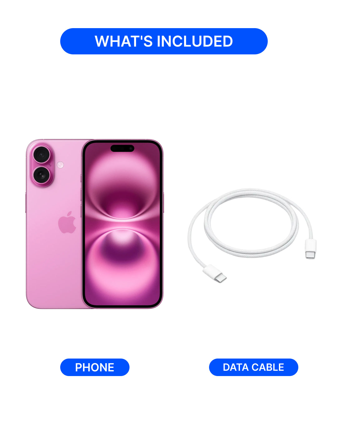 A promotional graphic showing a pink Apple iPhone with a matching pink-and-purple screen wallpaper, alongside a white USB-C to Lightning data cable. Blue labels identify the phone as PHONE and the cable as DATA CABLE, with a header reading WHAT'S INCLUDED.