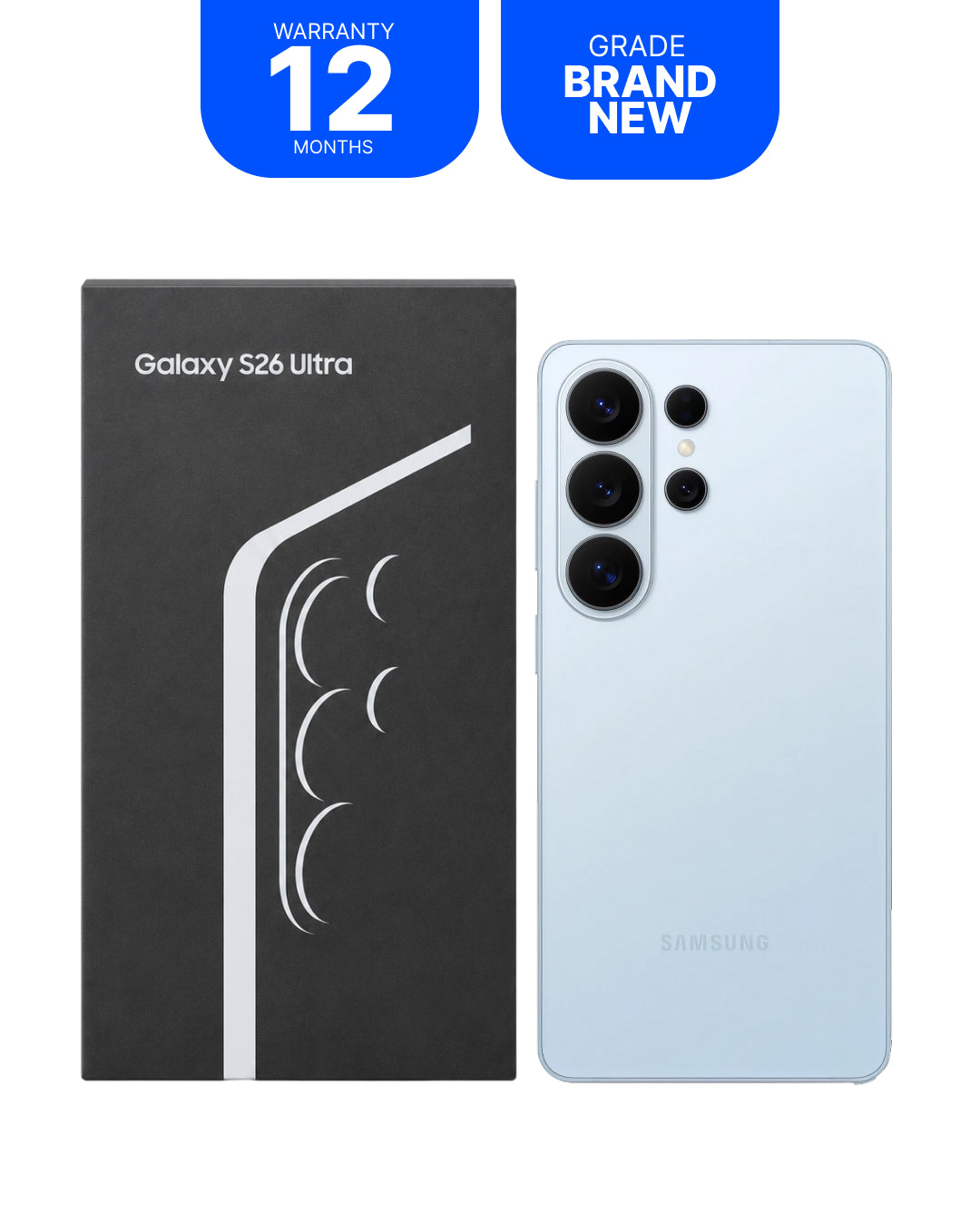 Samsung Galaxy S26 Ultra smartphone shown next to its black retail box on a white background, with two blue promotional badges at the top reading 'WARRANTY 12 MONTHS' and 'GRADE BRAND NEW'.