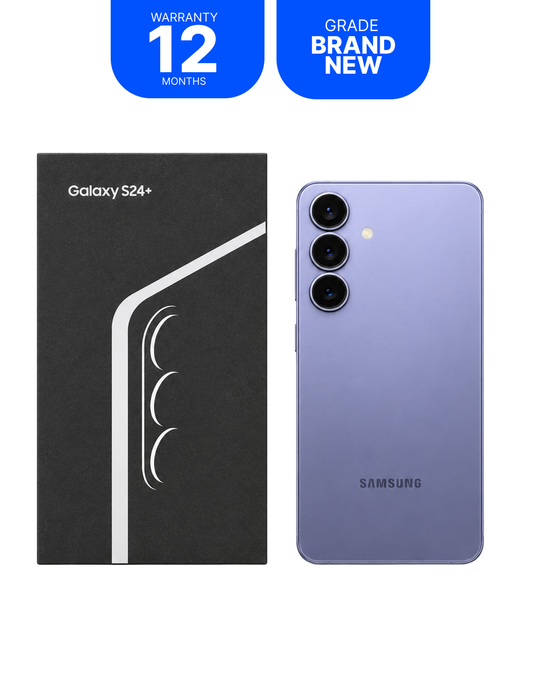Samsung Galaxy S24+ smartphone in a muted lavender-purple color shown next to its black retail box, with two blue promotional badges at the top reading 'WARRANTY 12 MONTHS' and 'GRADE BRAND NEW'.