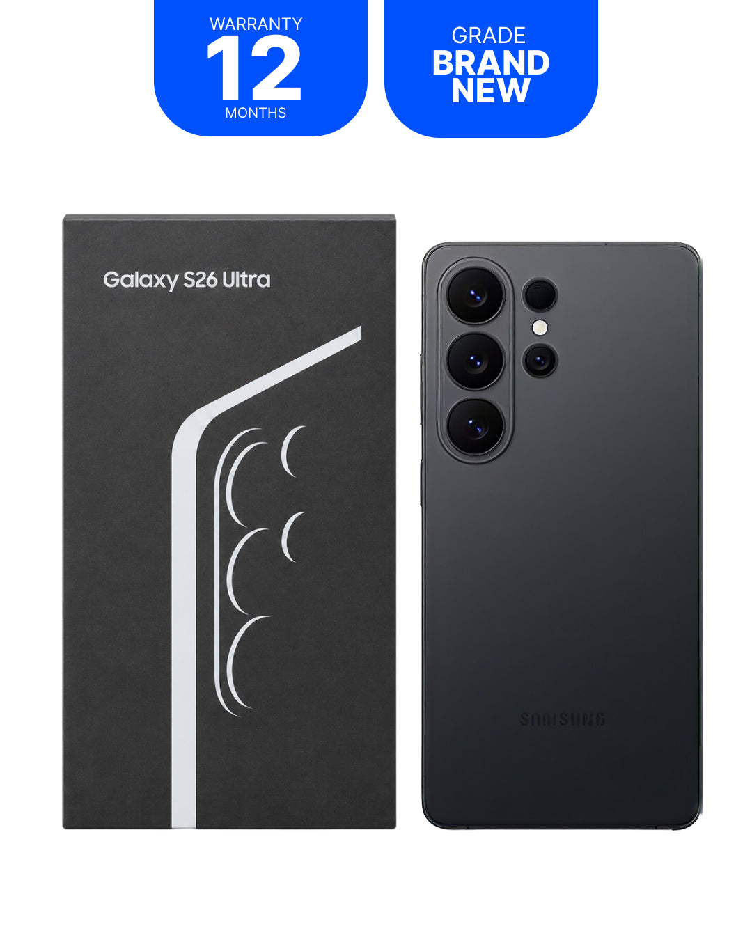 Samsung Galaxy S26 Ultra smartphone shown next to its black retail box on a white background, with blue promotional badges at the top reading 'WARRANTY 12 MONTHS' and 'GRADE BRAND NEW'.
