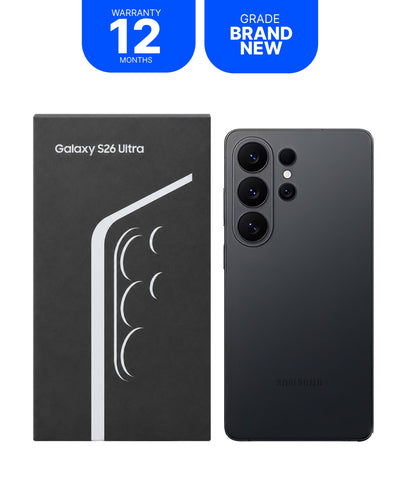 Samsung Galaxy S26 Ultra smartphone shown next to its black retail box on a white background, with blue promotional badges at the top reading 'WARRANTY 12 MONTHS' and 'GRADE BRAND NEW'.