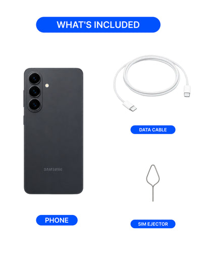 Samsung smartphone shown with included accessories on a white background: a white USB-C data cable labeled 'DATA CABLE,' a SIM ejector tool labeled 'SIM EJECTOR,' and the phone itself labeled 'PHONE.' Blue header and label badges read 'WHAT'S INCLUDED.