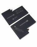 Two black replacement lithium-ion batteries for an Apple device, showing both the top and bottom printed sides with the brand name ADTERMARKET HD and regulatory markings.