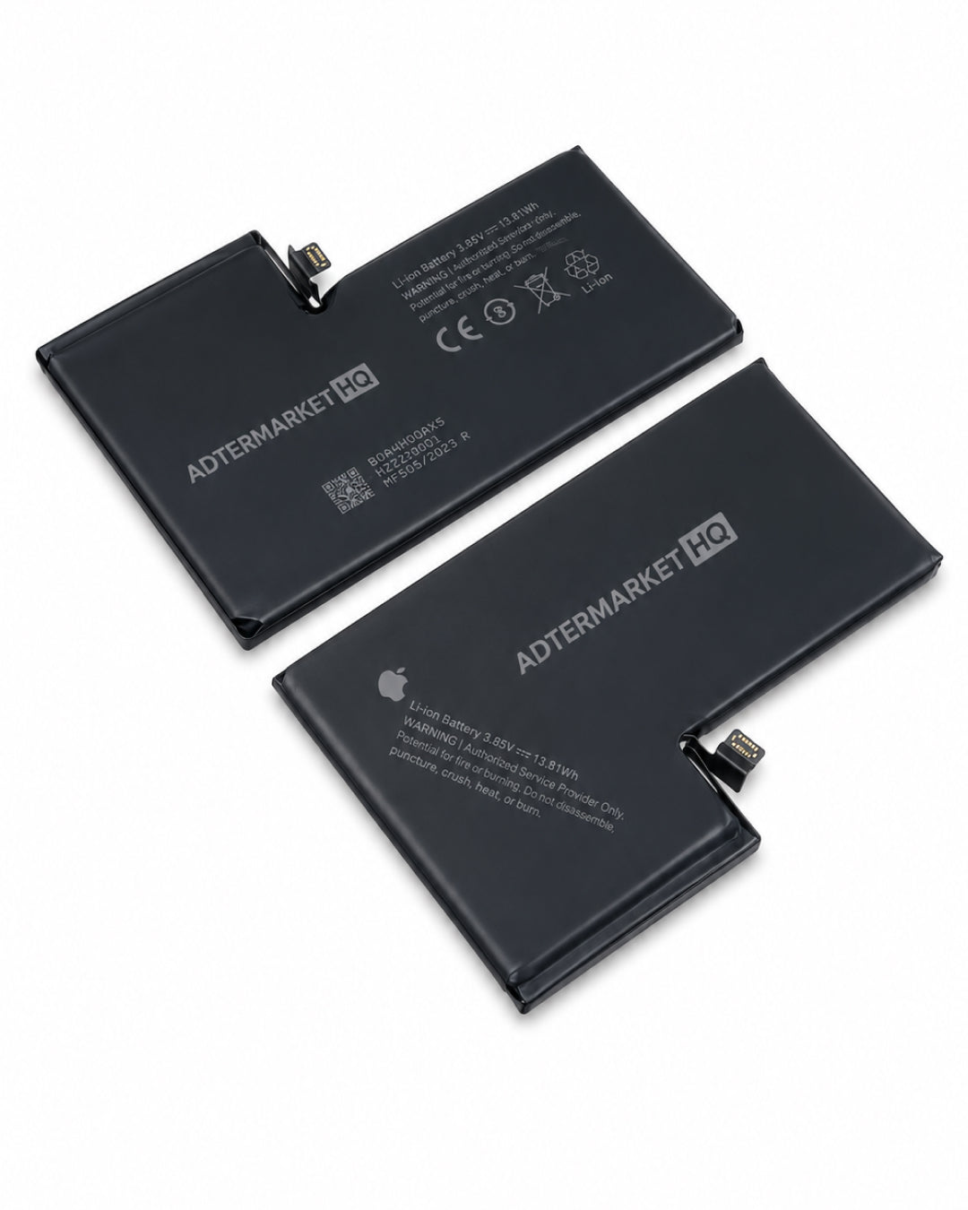 Two black replacement lithium-ion batteries for an Apple device, showing both the top and bottom printed sides with the brand name ADTERMARKET HD and regulatory markings.