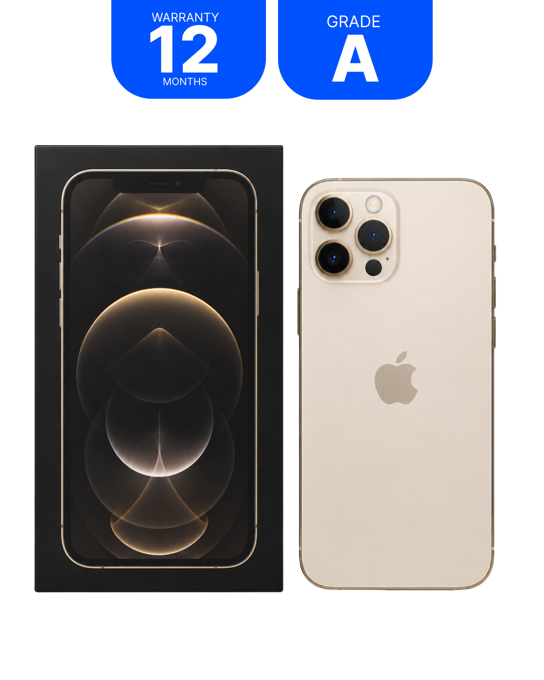 An Apple iPhone shown in gold with its black retail box beside it, plus two blue badge graphics reading 'WARRANTY 12 MONTHS' and 'GRADE A'.