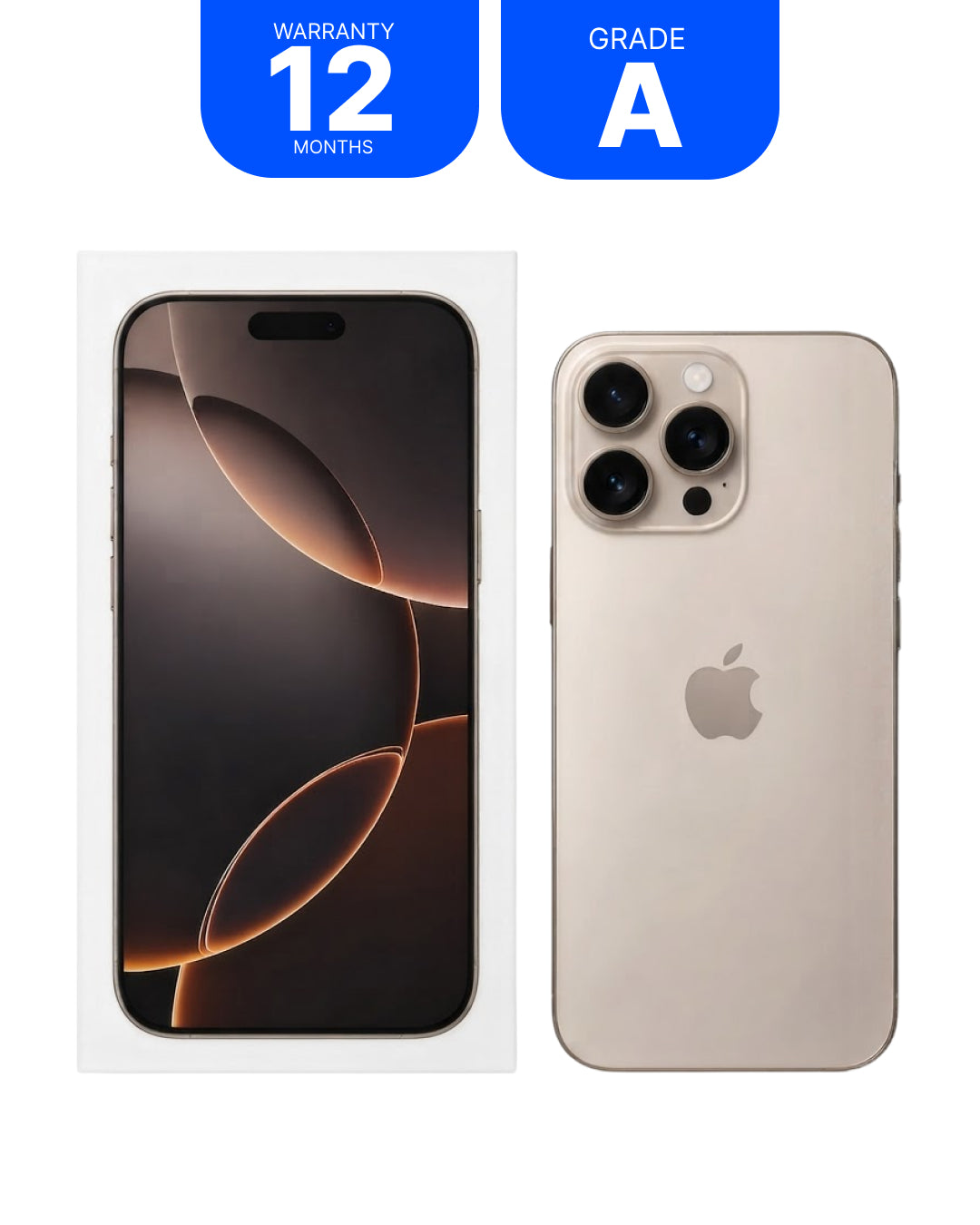 An Apple iPhone shown from the front and back in a light gold color, with two blue badges at the top reading 'WARRANTY 12 MONTHS' and 'GRADE A'.