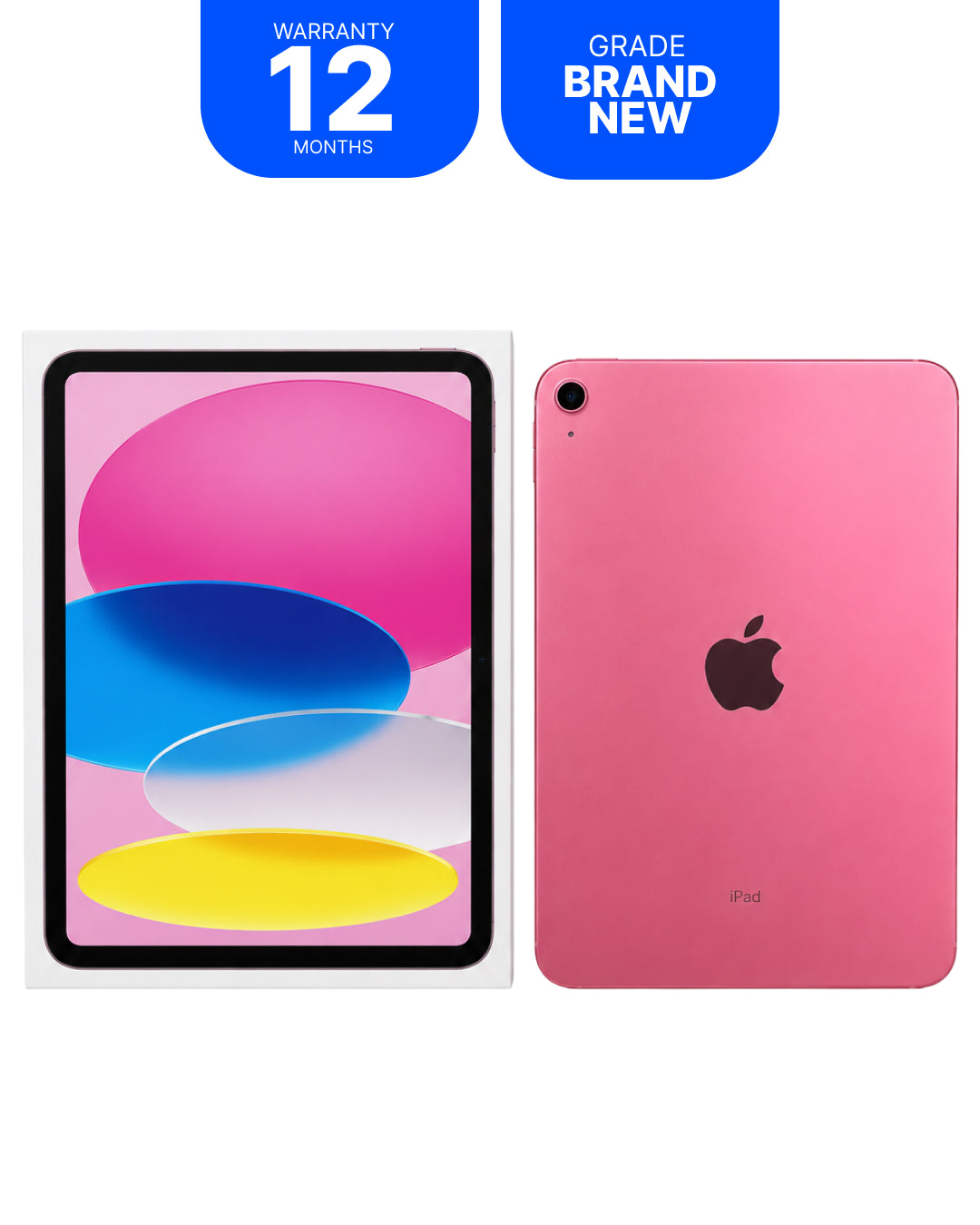 A pink Apple iPad shown from the front and back on a white background, with two blue promotional badges at the top reading 'WARRANTY 12 MONTHS' and 'GRADE BRAND NEW'.