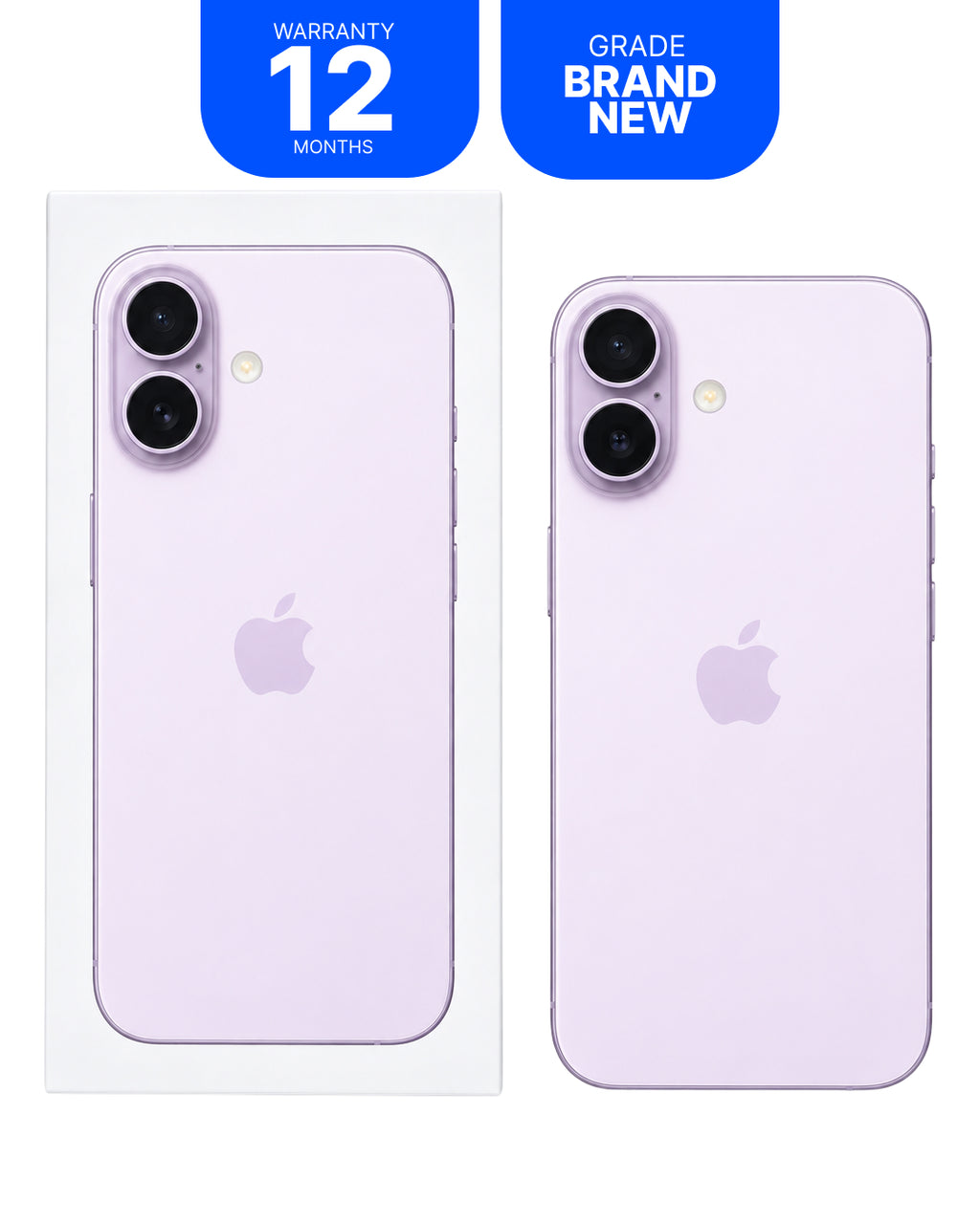 A lavender purple Apple iPhone shown from the back, alongside its white retail box. Blue promotional badges at the top read 'WARRANTY 12 MONTHS' and 'GRADE BRAND NEW'.