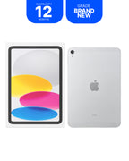 An Apple iPad shown in front and back views on a white background, with two blue promotional badges at the top reading 'WARRANTY 12 MONTHS' and 'GRADE BRAND NEW'.
