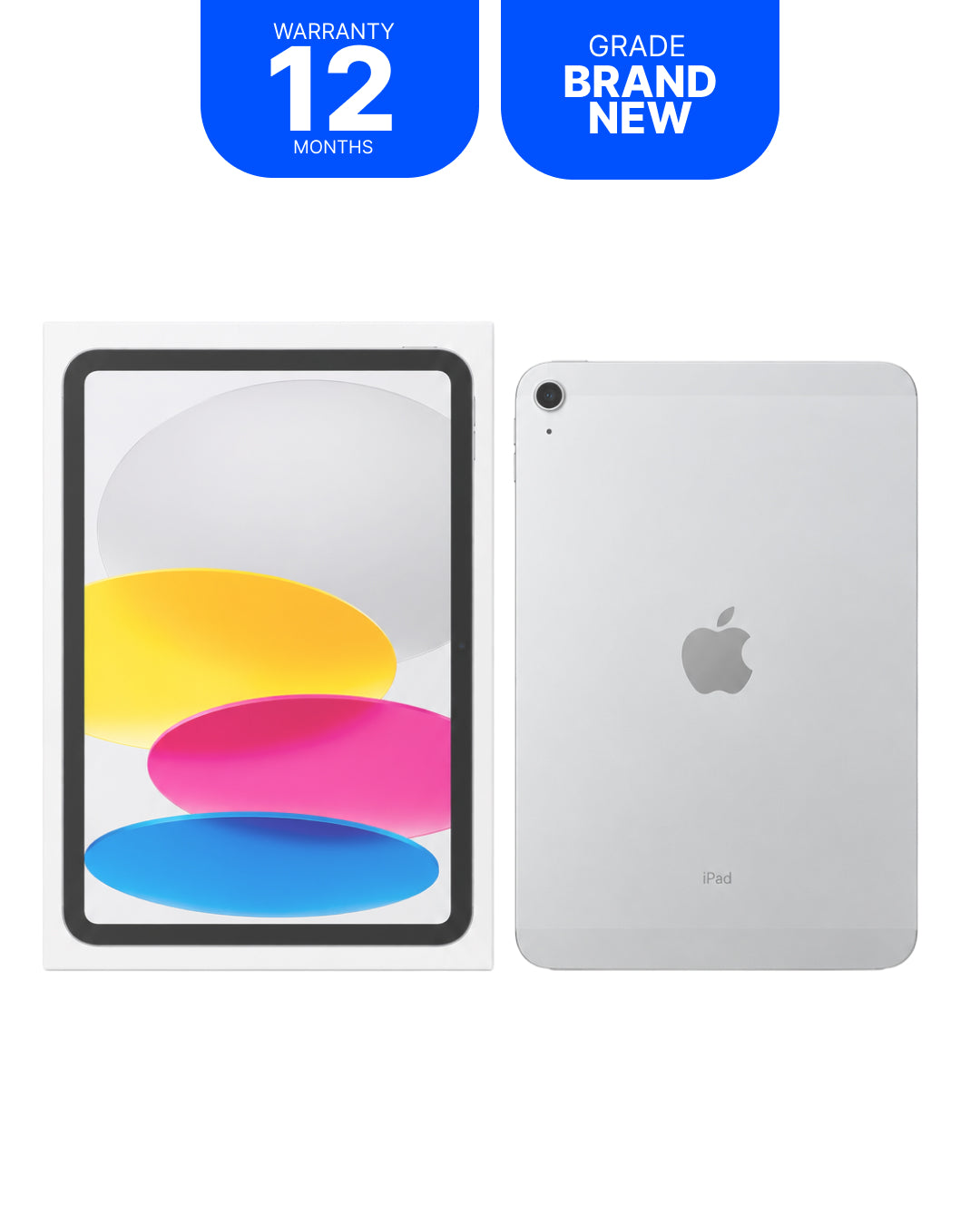 An Apple iPad shown in front and back views on a white background, with two blue promotional badges at the top reading 'WARRANTY 12 MONTHS' and 'GRADE BRAND NEW'.