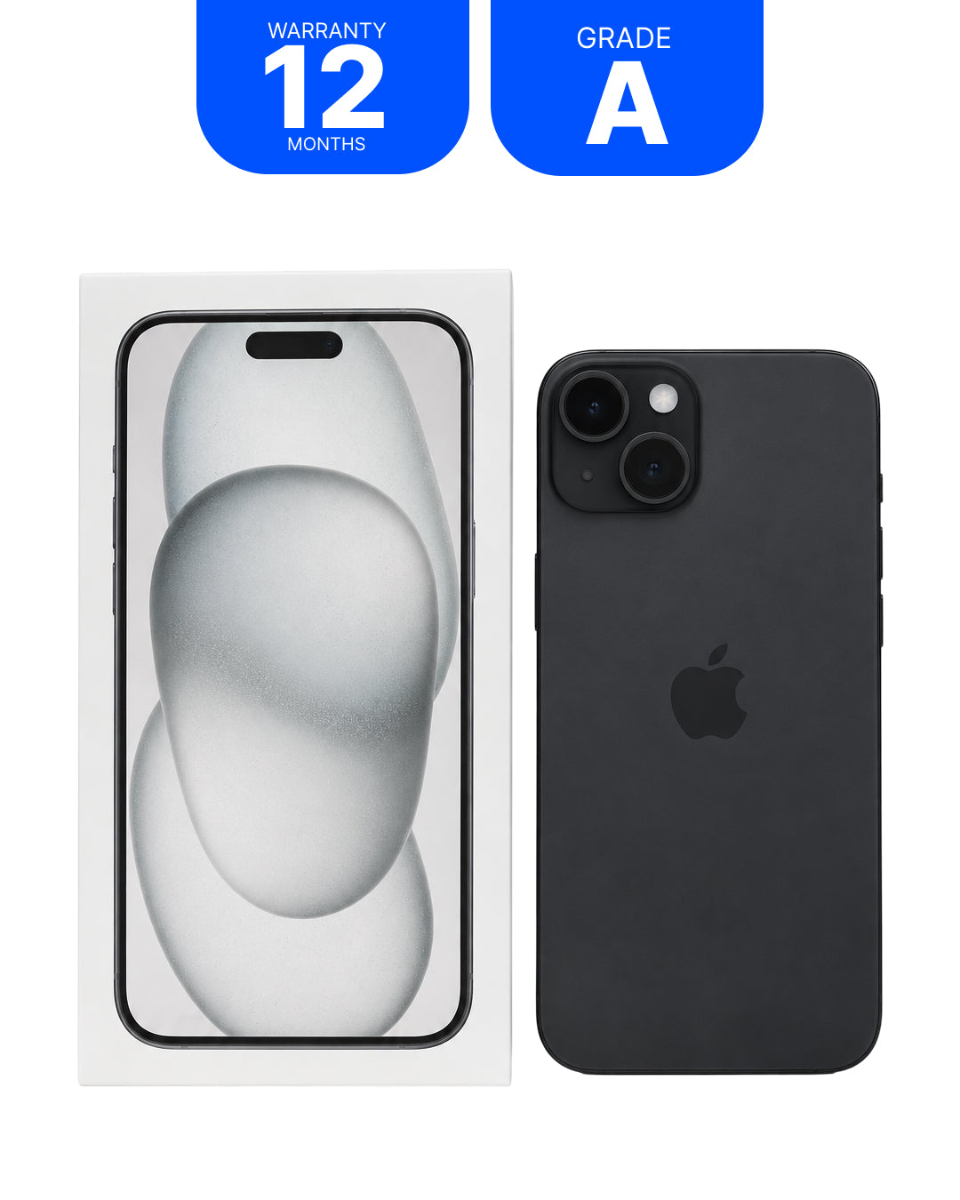 A black Apple iPhone shown next to its white retail box, with two blue badges at the top reading 'WARRANTY 12 MONTHS' and 'GRADE A'.