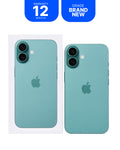 A mint green iPhone shown from the back, alongside its white retail box and two blue promotional badges reading 'WARRANTY 12 MONTHS' and 'GRADE BRAND NEW'.