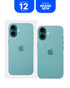 A mint green iPhone shown from the back, alongside its white retail box and two blue promotional badges reading 'WARRANTY 12 MONTHS' and 'GRADE BRAND NEW'.