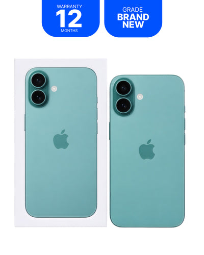A mint green iPhone shown from the back, alongside its white retail box and two blue promotional badges reading 'WARRANTY 12 MONTHS' and 'GRADE BRAND NEW'.