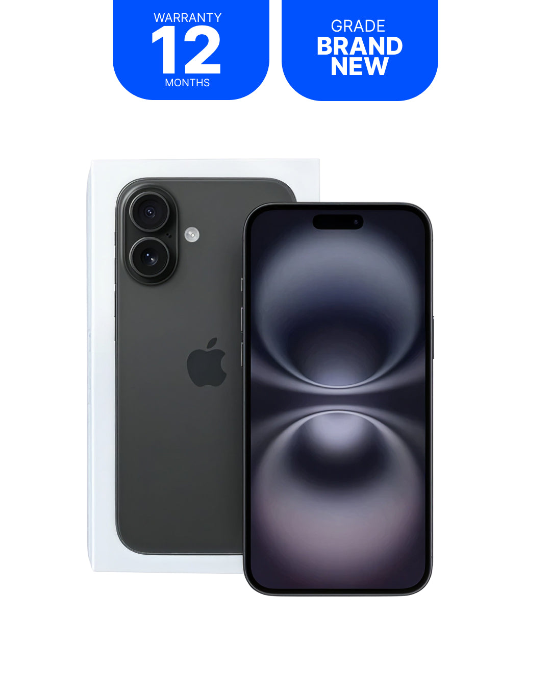 A black Apple iPhone shown from the back and front, with a white retail box behind it. Two blue promotional badges at the top read 'WARRANTY 12 MONTHS' and 'GRADE BRAND NEW'.