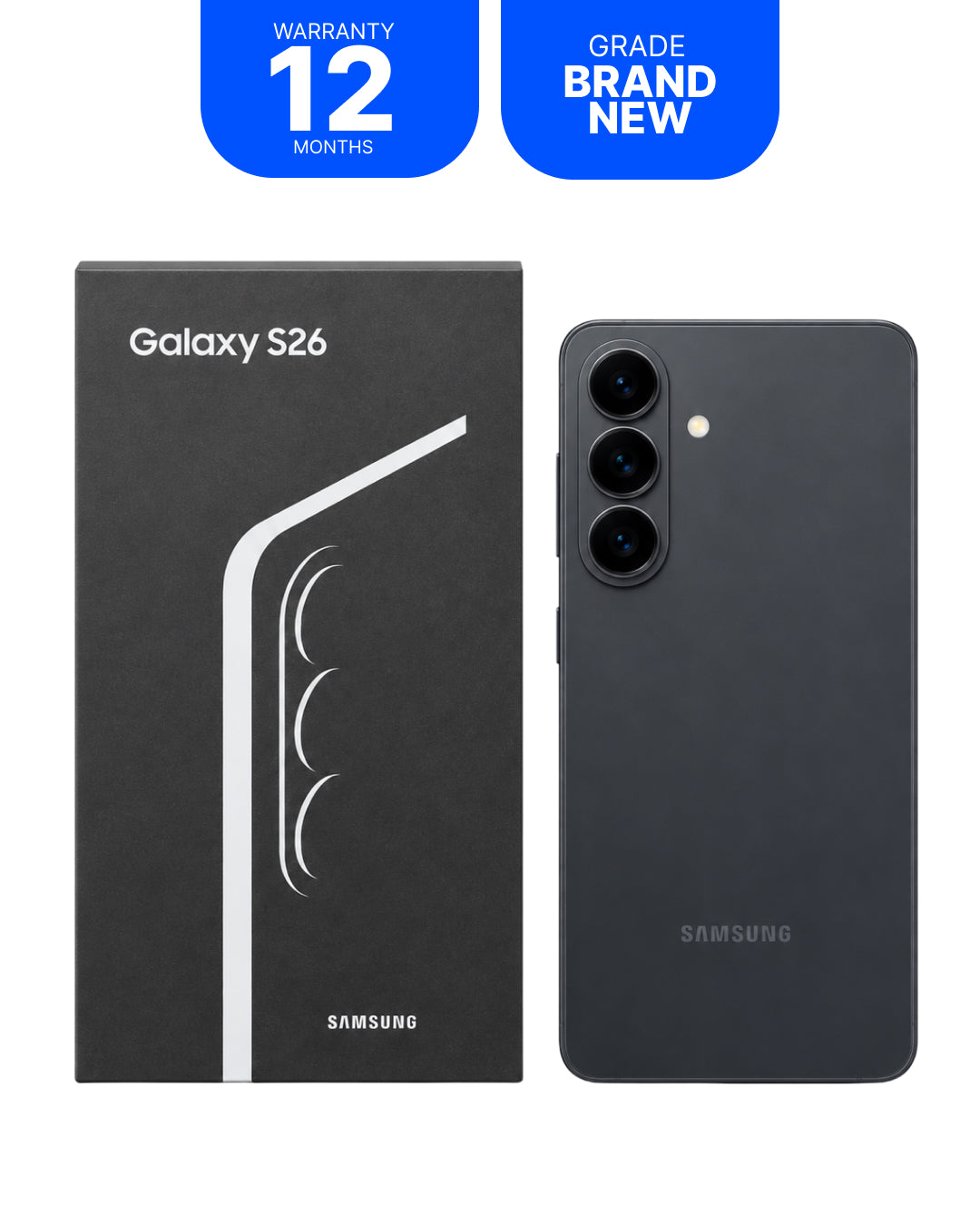 Samsung Galaxy S26 smartphone shown next to its black retail box on a white background, with two blue promotional badges at the top reading 'WARRANTY 12 MONTHS' and 'GRADE BRAND NEW'.