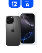 A dark gray Apple iPhone shown from the back next to its white retail box, with two blue badges at the top reading 'WARRANTY 12 MONTHS' and 'GRADE A'.