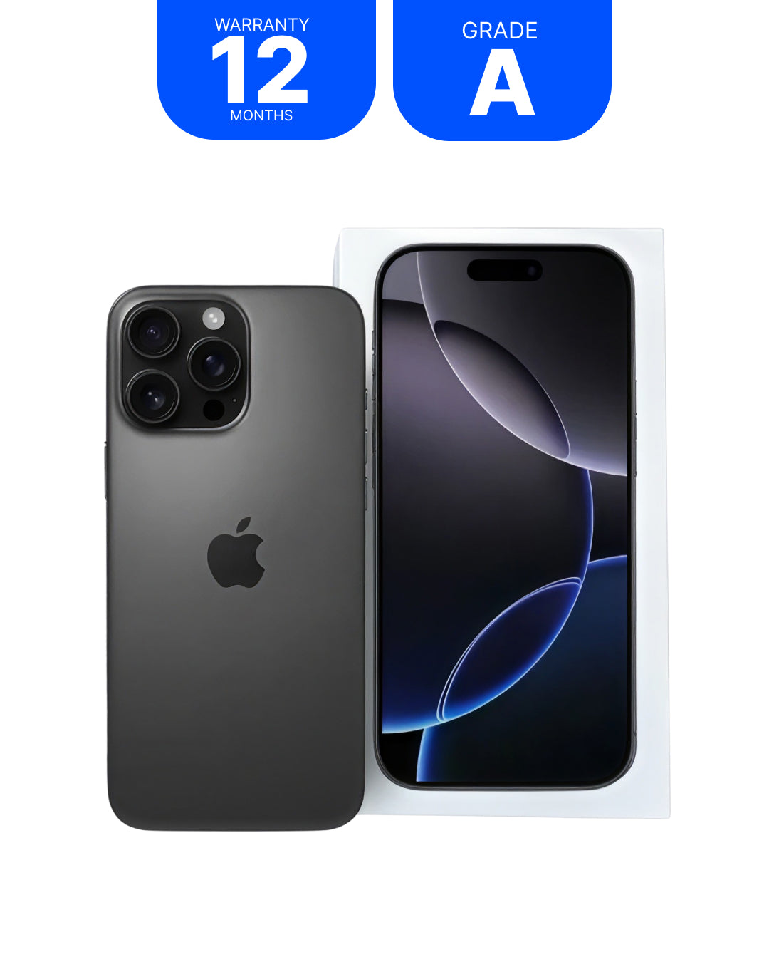 A dark gray Apple iPhone shown from the back next to its white retail box, with two blue badges at the top reading 'WARRANTY 12 MONTHS' and 'GRADE A'.