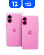 Two pink Apple iPhones shown from the back, one partially covered by a clear protective sleeve, with blue promotional badges at the top reading 'WARRANTY 12 MONTHS' and 'GRADE BRAND NEW'.