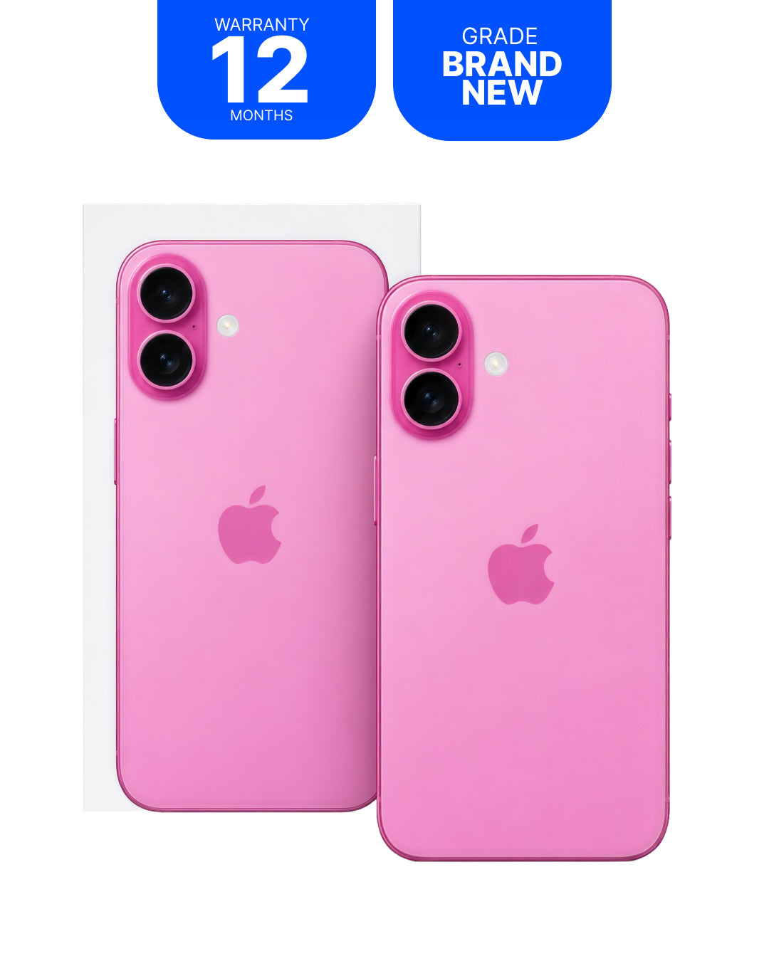 Two pink Apple iPhones shown from the back, one partially covered by a clear protective sleeve, with blue promotional badges at the top reading 'WARRANTY 12 MONTHS' and 'GRADE BRAND NEW'.