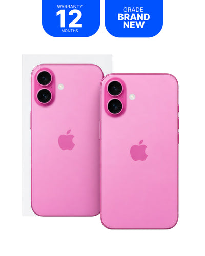 Two pink Apple iPhones shown from the back, one partially covered by a clear protective sleeve, with blue promotional badges at the top reading 'WARRANTY 12 MONTHS' and 'GRADE BRAND NEW'.