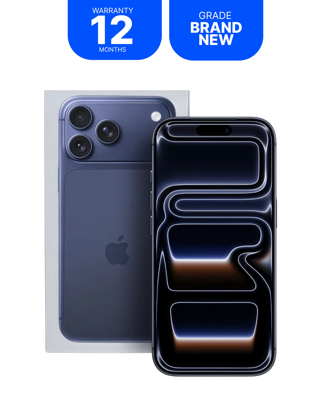 A dark blue Apple iPhone shown from the back and front, with a clear protective screen film applied to the front. Two blue promotional badges at the top read 'WARRANTY 12 MONTHS' and 'GRADE BRAND NEW'.
