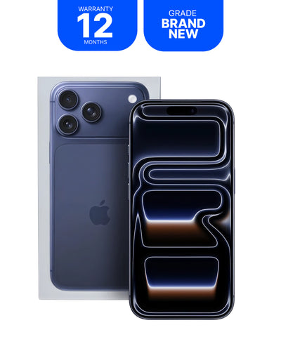 A dark blue Apple iPhone shown from the back and front, with a clear protective screen film applied to the front. Two blue promotional badges at the top read 'WARRANTY 12 MONTHS' and 'GRADE BRAND NEW'.