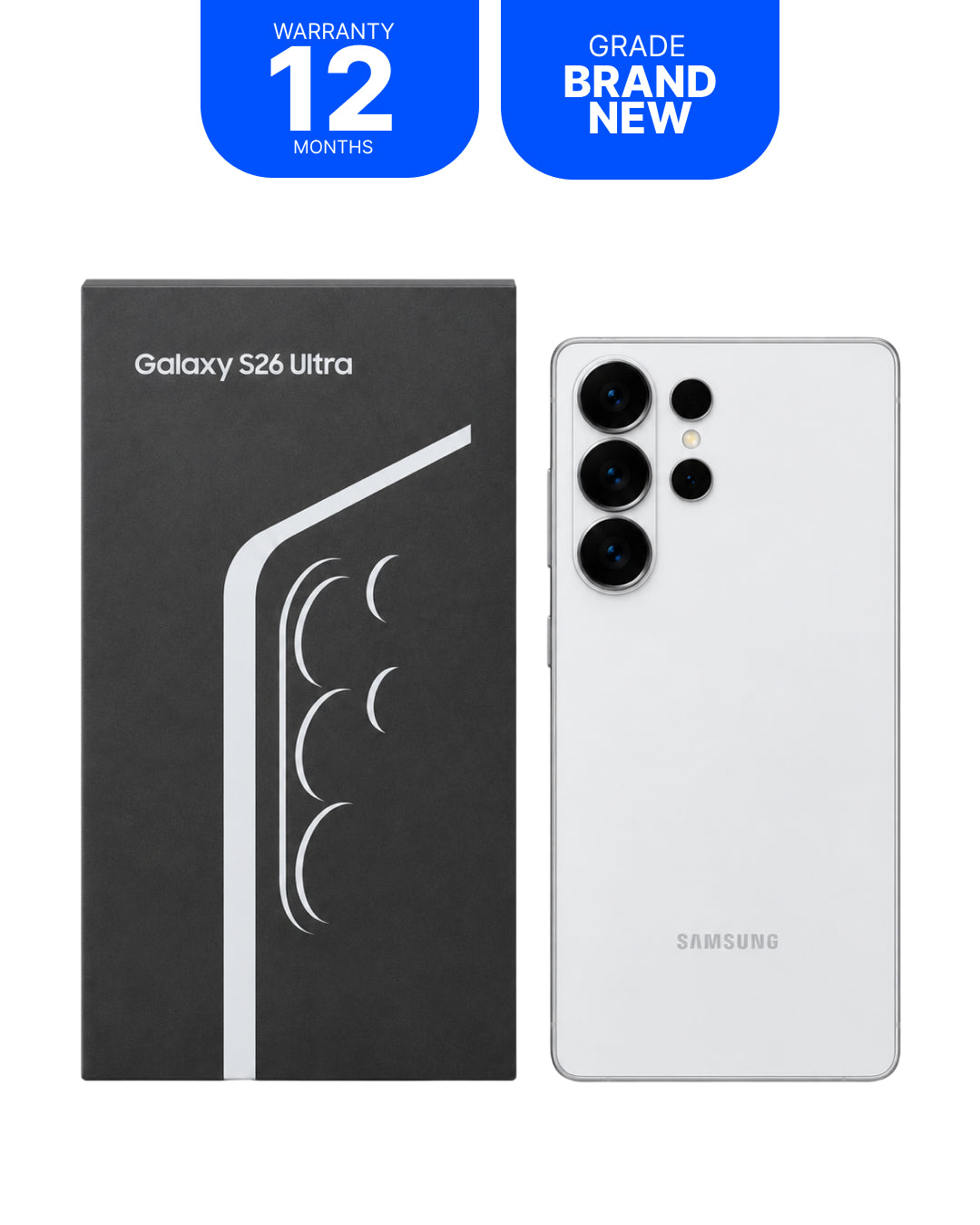 Samsung Galaxy S26 Ultra smartphone shown next to its black retail box on a white background, with two blue promotional badges at the top reading 'WARRANTY 12 MONTHS' and 'GRADE BRAND NEW'.