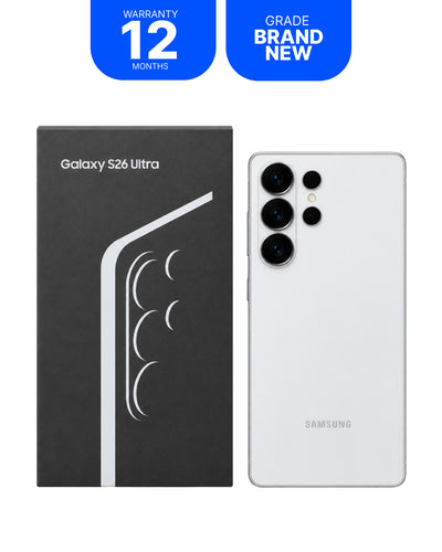 Samsung Galaxy S26 Ultra smartphone shown next to its black retail box on a white background, with two blue promotional badges at the top reading 'WARRANTY 12 MONTHS' and 'GRADE BRAND NEW'.