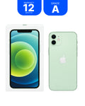 A mint green Apple iPhone shown next to its white retail box, with two blue badges at the top reading 'WARRANTY 12 MONTHS' and 'GRADE A'.