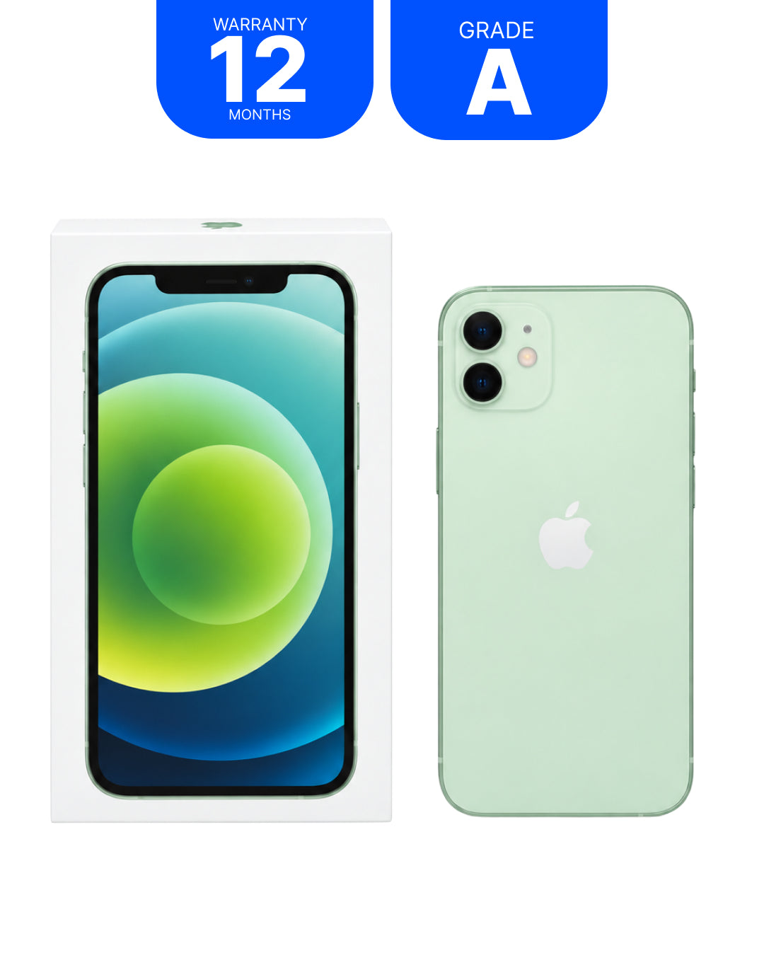A mint green Apple iPhone shown next to its white retail box, with two blue badges at the top reading 'WARRANTY 12 MONTHS' and 'GRADE A'.