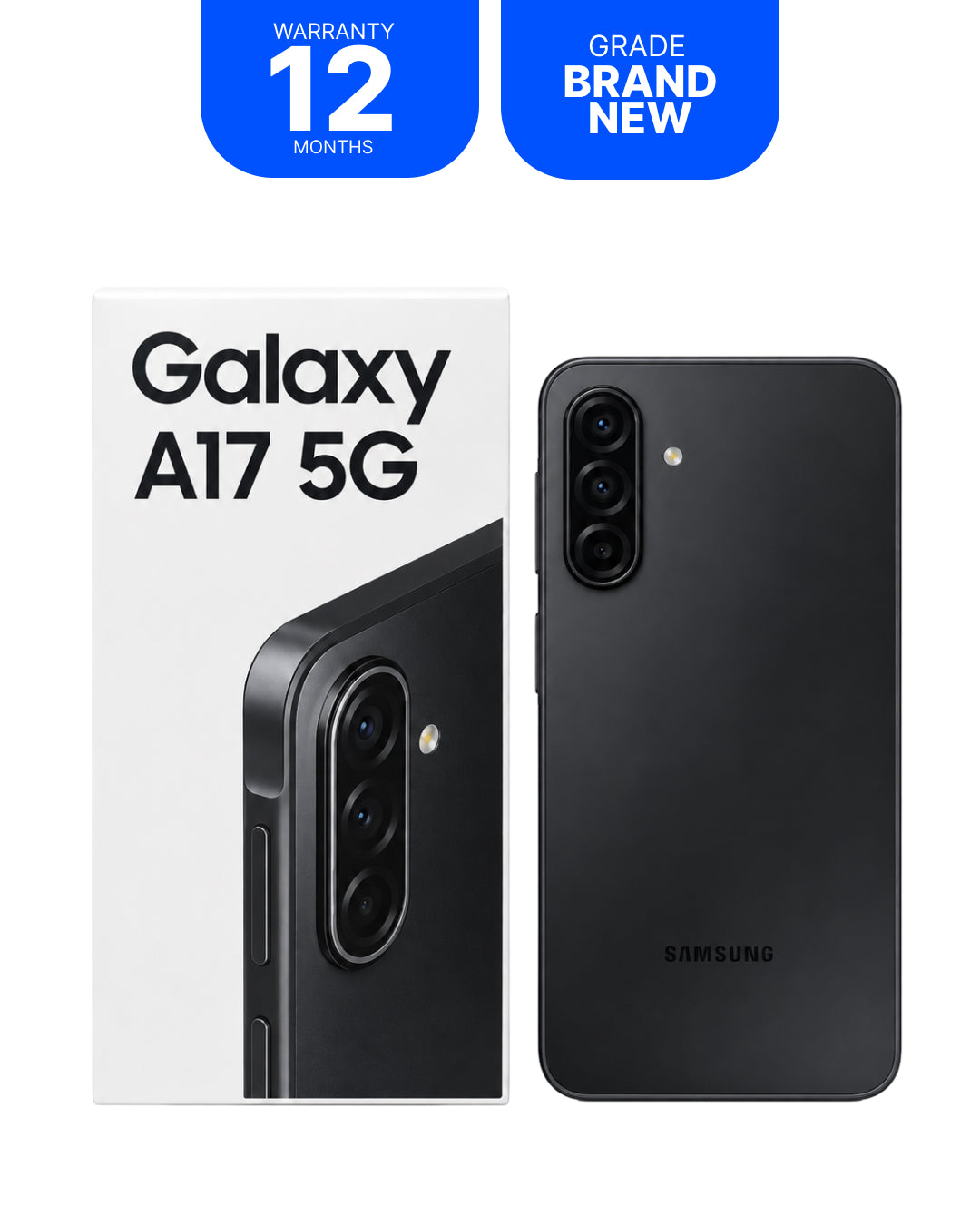 Samsung Galaxy A17 5G smartphone shown next to its retail box on a white background, with two blue promotional badges at the top reading 'WARRANTY 12 MONTHS' and 'GRADE BRAND NEW'.
