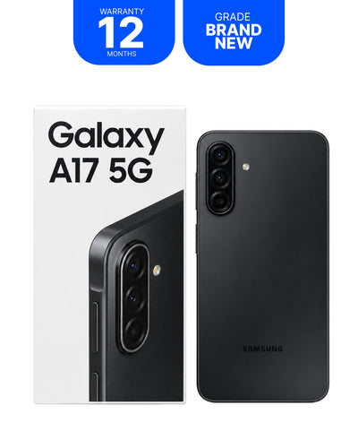 Samsung Galaxy A17 5G smartphone shown next to its retail box on a white background, with two blue promotional badges at the top reading 'WARRANTY 12 MONTHS' and 'GRADE BRAND NEW'.