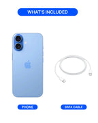 A light blue Apple iPhone shown with a white USB-C to Lightning data cable on a white background, under a blue header that reads 'WHAT'S INCLUDED' with labels 'PHONE' and 'DATA CABLE'.