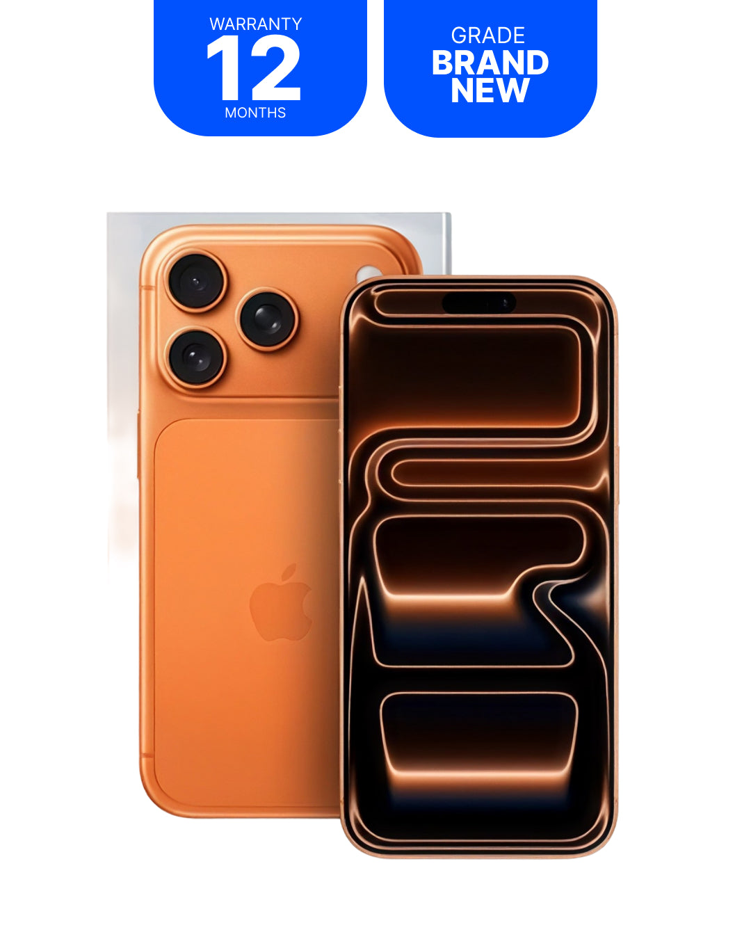 An iPhone shown from the back in a metallic copper-orange finish, with a second view of the front displaying a dark screen. Two blue promotional badges at the top read 'WARRANTY 12 MONTHS' and 'GRADE BRAND NEW'.