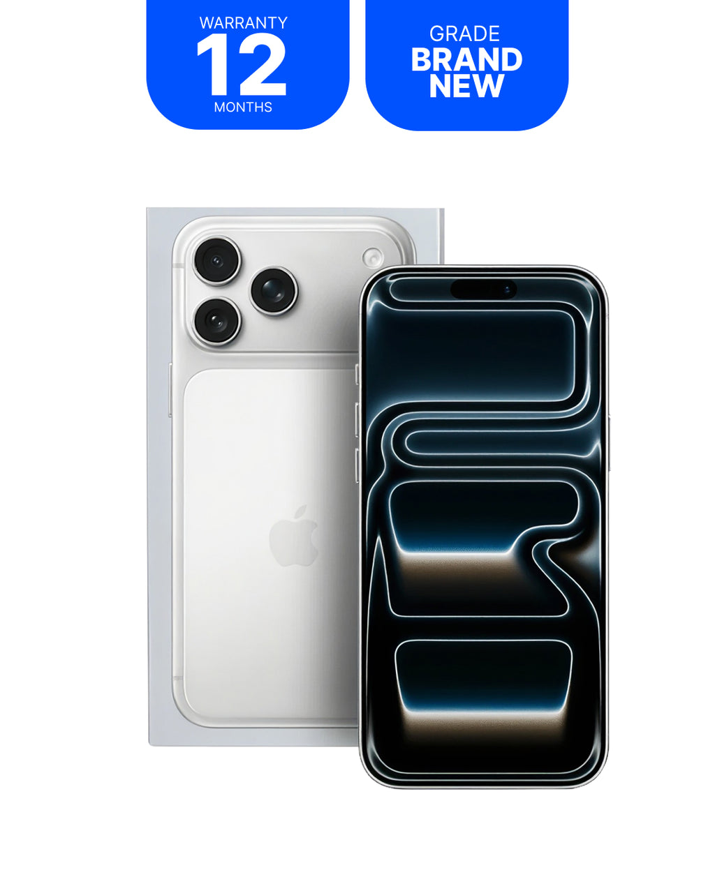 An iPhone shown from the back in silver, with a second phone in front displaying a dark blue and black abstract wallpaper. Two blue promotional badges at the top read 'WARRANTY 12 MONTHS' and 'GRADE BRAND NEW'.