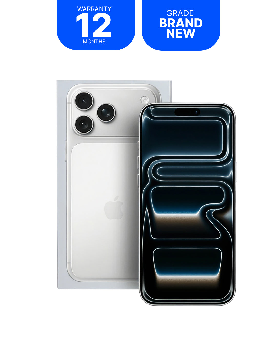An iPhone shown from the back in silver, with a second phone in front displaying a dark blue and black abstract wallpaper. Two blue promotional badges at the top read 'WARRANTY 12 MONTHS' and 'GRADE BRAND NEW'.