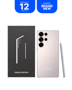 Samsung Galaxy S25 Ultra smartphone shown with its black retail box and a light gray stylus on a white background, with blue promotional badges at the top reading 'WARRANTY 12 MONTHS' and 'GRADE BRAND NEW'.