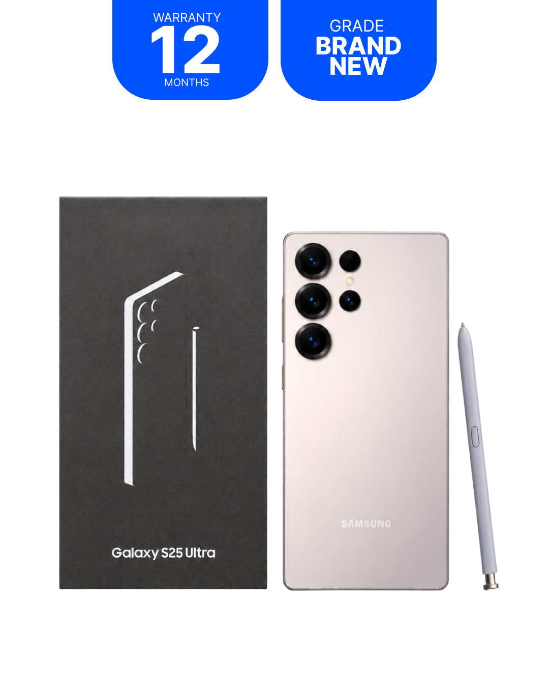 Samsung Galaxy S25 Ultra smartphone shown with its black retail box and a light gray stylus on a white background, with blue promotional badges at the top reading 'WARRANTY 12 MONTHS' and 'GRADE BRAND NEW'.