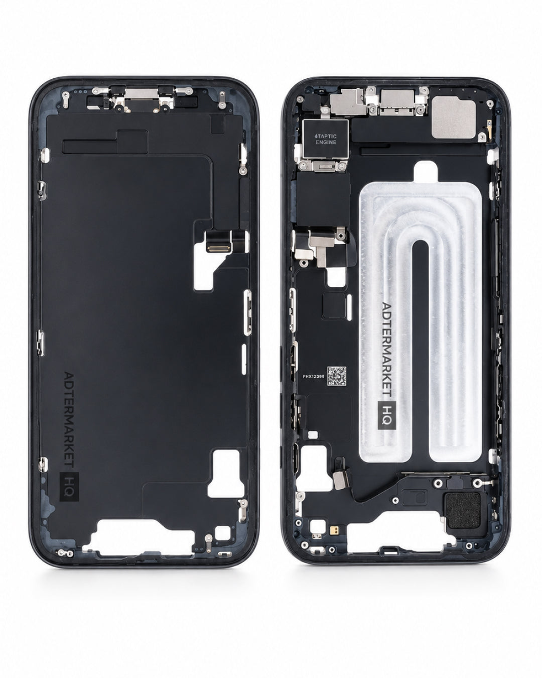 A replacement smartphone outer frame assembly shown disassembled into front and back halves on a white background. The brand name 'AFTERMARKET' is visible on both pieces.