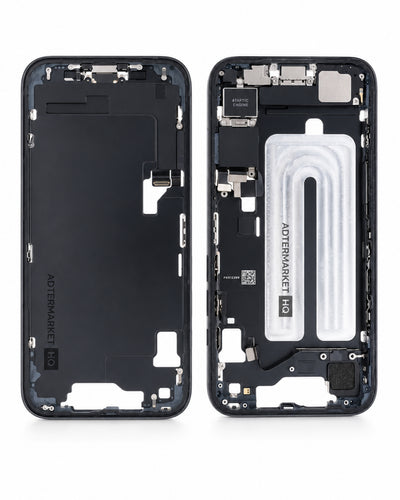 A replacement smartphone outer frame assembly shown disassembled into front and back halves on a white background. The brand name 'AFTERMARKET' is visible on both pieces.