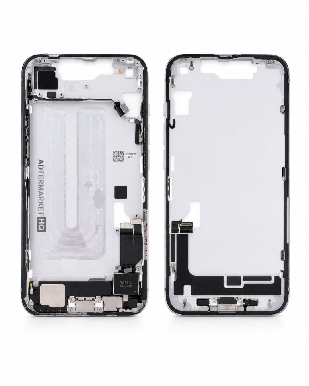 A disassembled smartphone front glass and frame assembly, showing the inner black chassis on the left and the white front panel on the right, photographed on a clean white background.