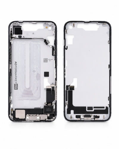 A disassembled smartphone front glass and frame assembly, showing the inner black chassis on the left and the white front panel on the right, photographed on a clean white background.