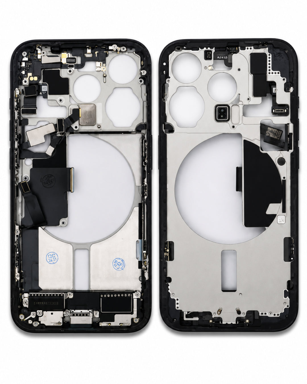 A replacement smartphone front frame assembly shown from both sides, featuring a black outer bumper, silver metal inner structure, and various internal electronic components, photographed on a white background.