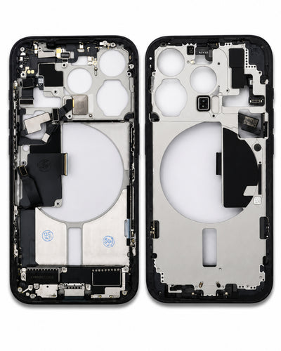 A replacement smartphone front frame assembly shown from both sides, featuring a black outer bumper, silver metal inner structure, and various internal electronic components, photographed on a white background.