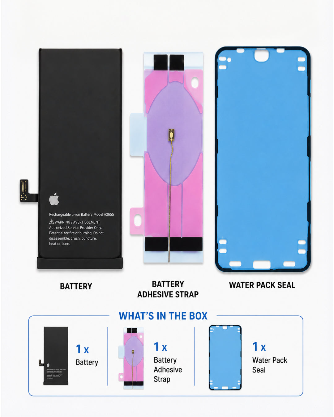 What’s in the box with the genuine iPhone 13 A2655 reclaimed battery and battery adhesive strap and waterpack seal