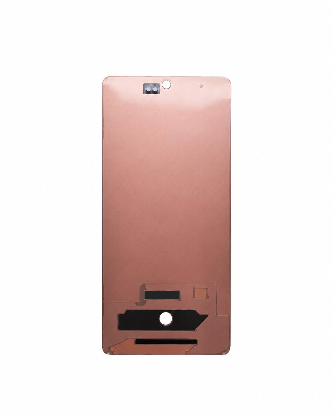 A rose gold smartphone back panel replacement part with cutouts for the camera, flash, fingerprint sensor, and speaker, shown against a plain white background.